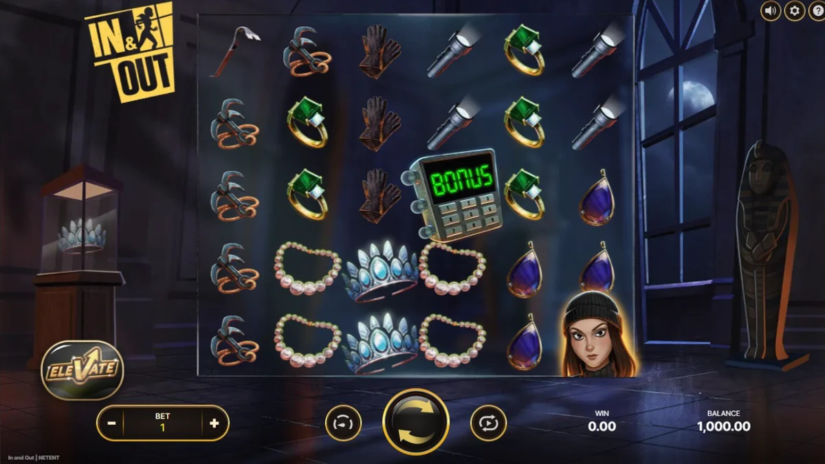 In and Out slot game interface with Parisian heist theme