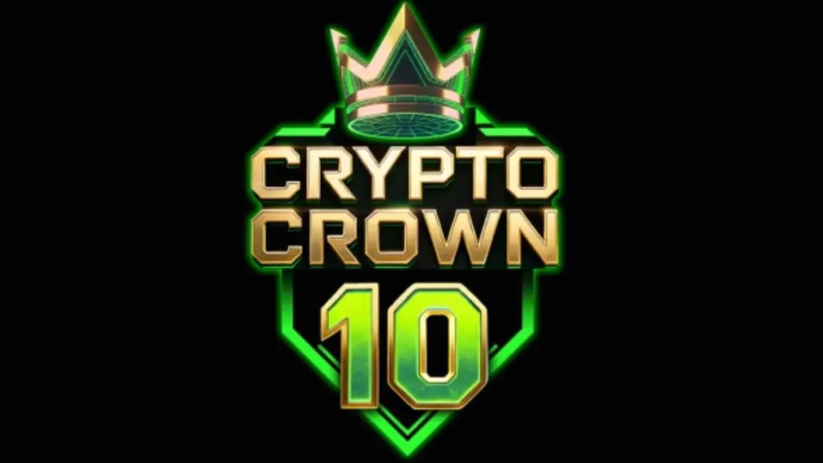 Tampilan visual futuristik dari mesin slot Crypto Crown 10 dengan simbol kripto dan buah neon.