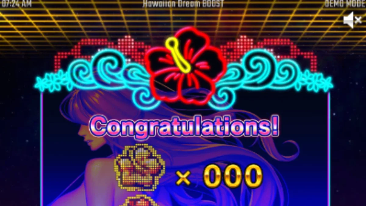 Tampilan layar utama slot Hawaiian Dream Boost dengan desain futuristik dan bunga kembang sepatu neon